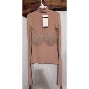 NWT Max Mara SportMax Nude Pink Fringe Bodycon Turtleneck Long Sleeve Top Size S